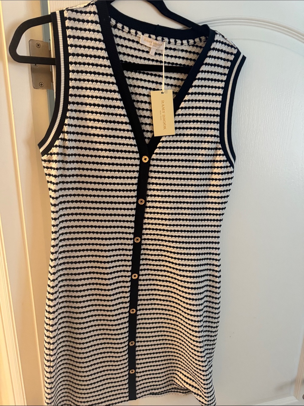Ramy Brook Black & White Sleeveless Button-Front Knit Mini Dress